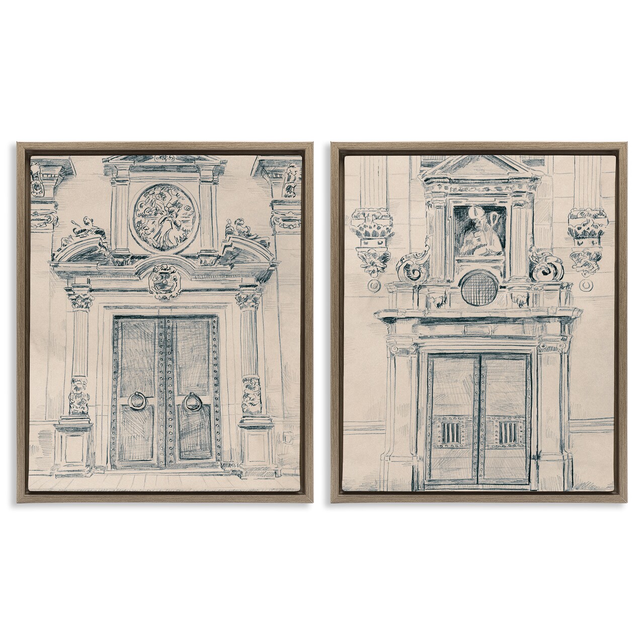 Stupell Industries Pencil Sketch Ornate Door 2 pc Framed Floater Canvas Wall Art Set Design by June Erica Vess